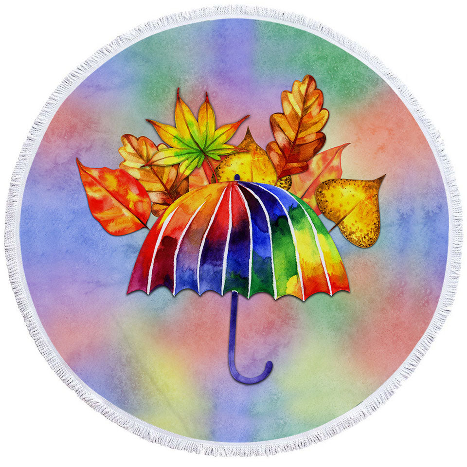 Womens Beach Towel Colorful Umbrella and Autumn Leaves