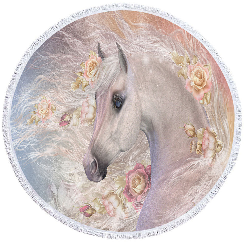 Womens Beach Towel Winter Rose Roses and White Horse