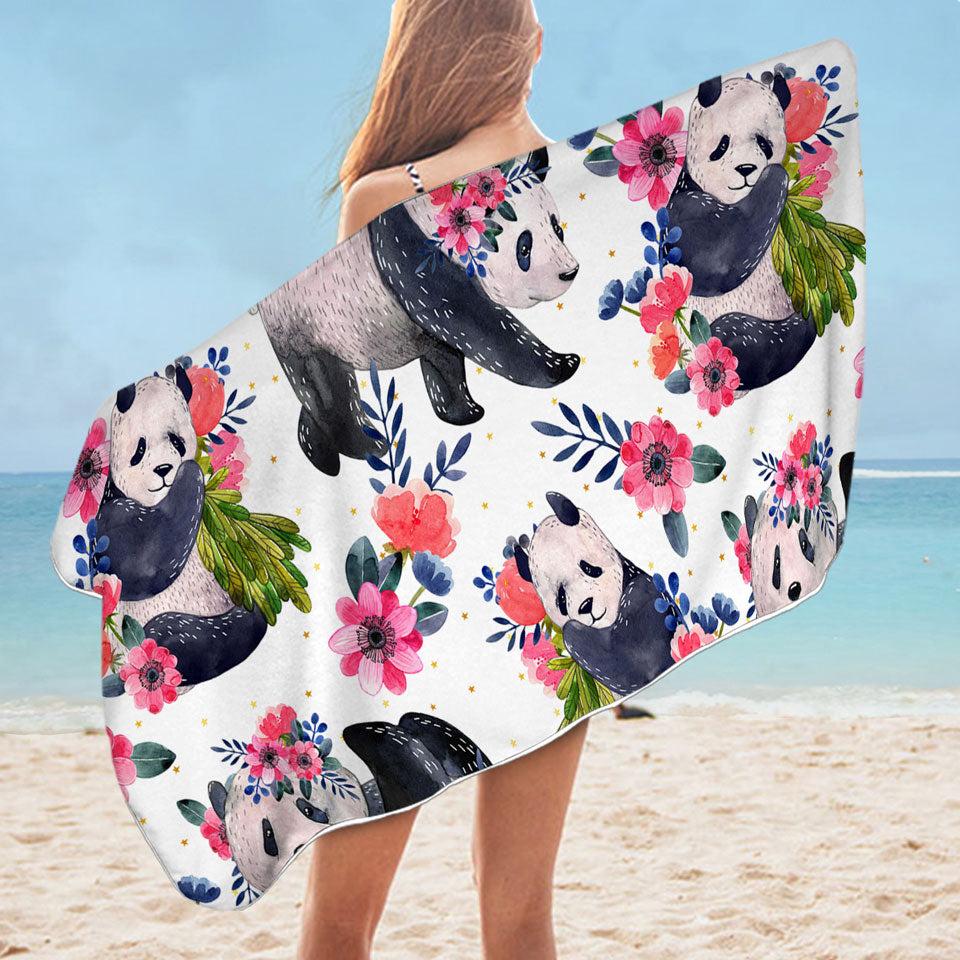 Womens Beach Towel with Floral Pandas
