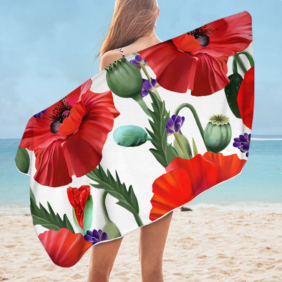 Womens Beach Towel with Purple Lavender and Red Poppy Flowers