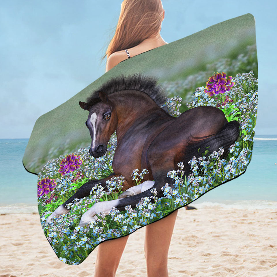 Womens Pool Towels Stunning Horse Art Foal and Flowers