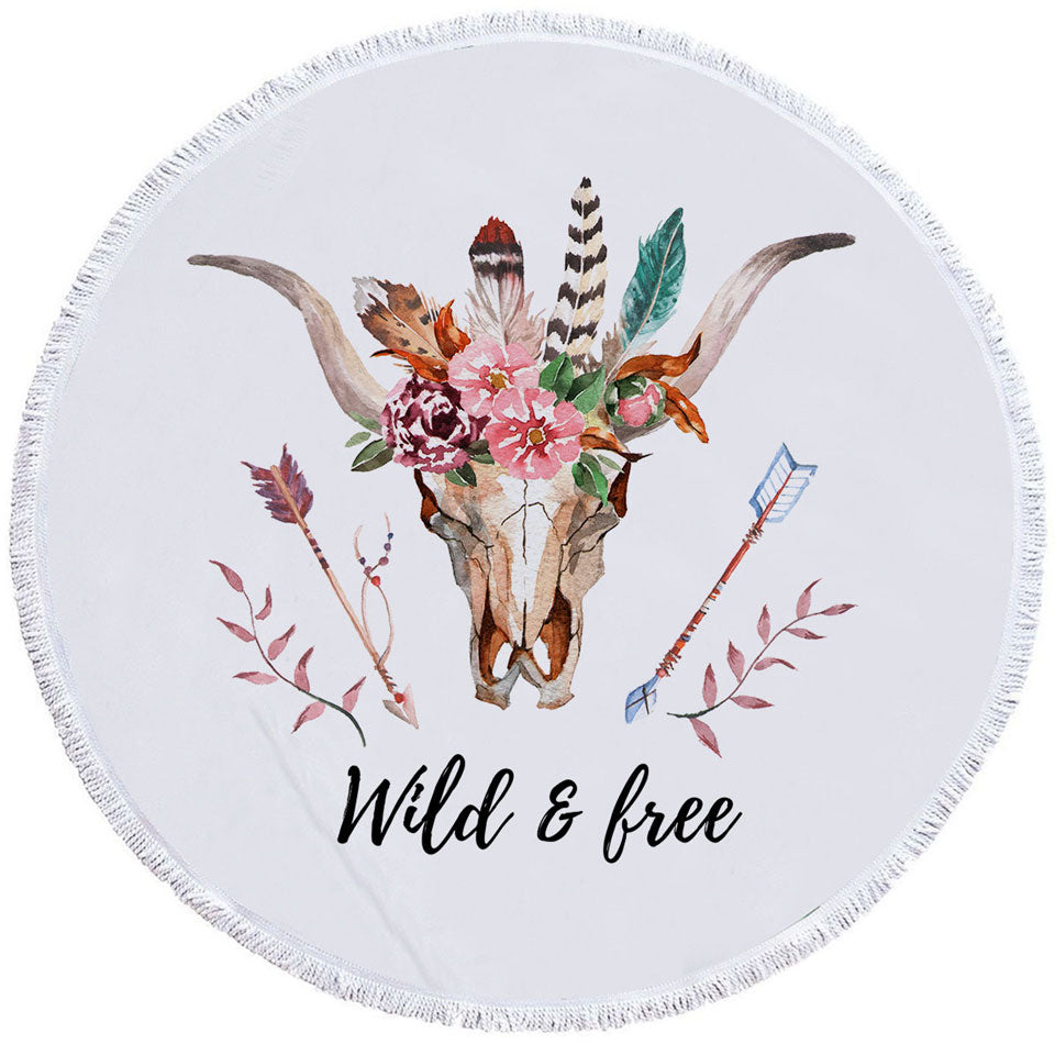 Womens Round Beach Towel Wild and Free Native Floral Bull Skull