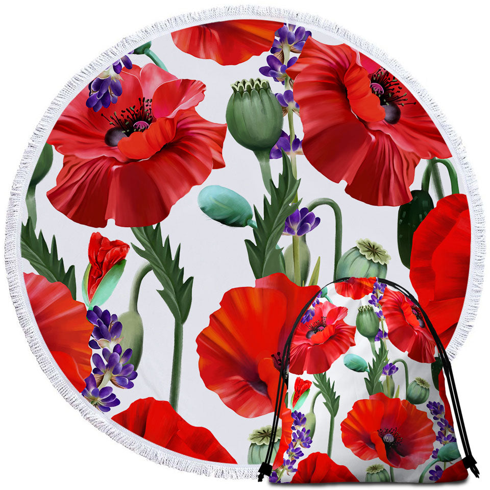Womens Round Beach Towel with Purple Lavender and Red Poppy Flowers