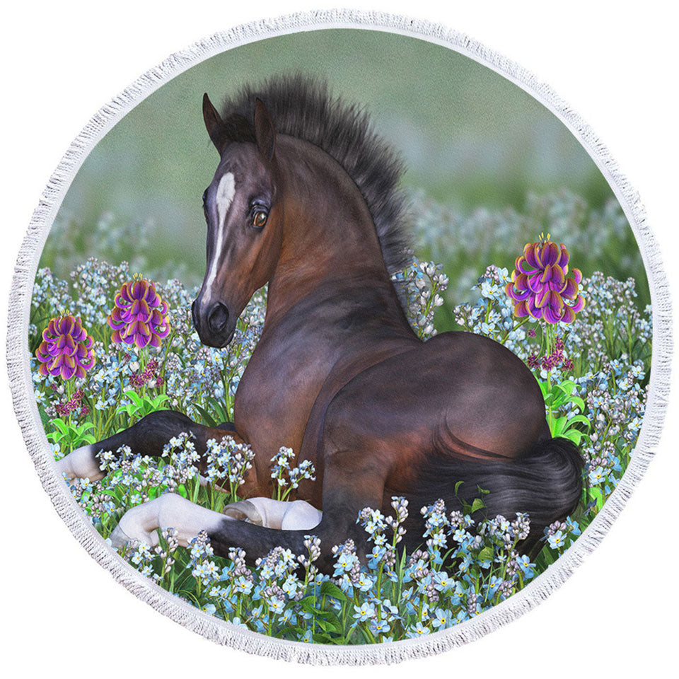 Womens Round Towel Stunning Horse Art Foal and Flowers
