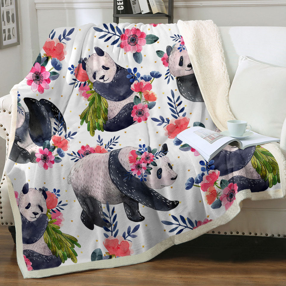 Womens Throw Blanket Floral Pandas