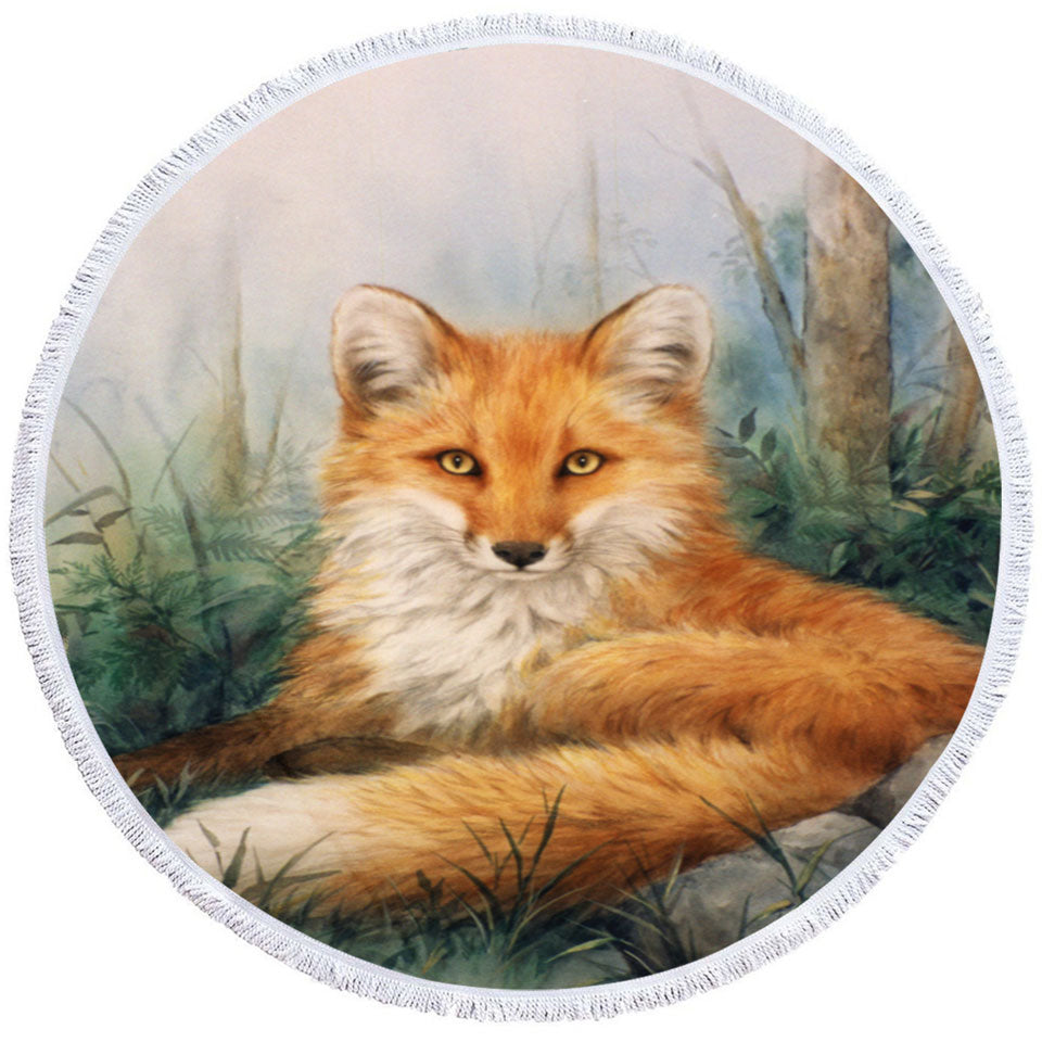 Wood and Beauty Fox Art Painting Round Beach Towel