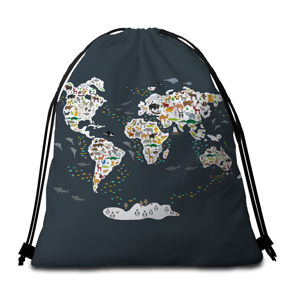 World Map Beach Towel Bags for Children with Animals