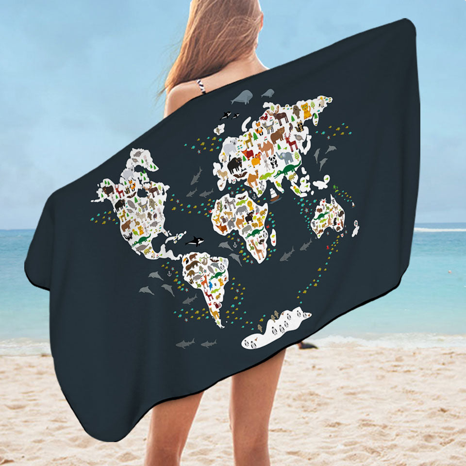 World Map Beach Towel for Children with Animals