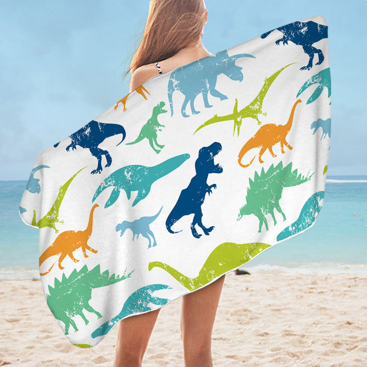 Worn Multi Colored Dinosaurs Swims Towel