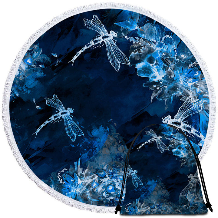 X ray Blue Flowers and Dragonflies Round Beach Towel