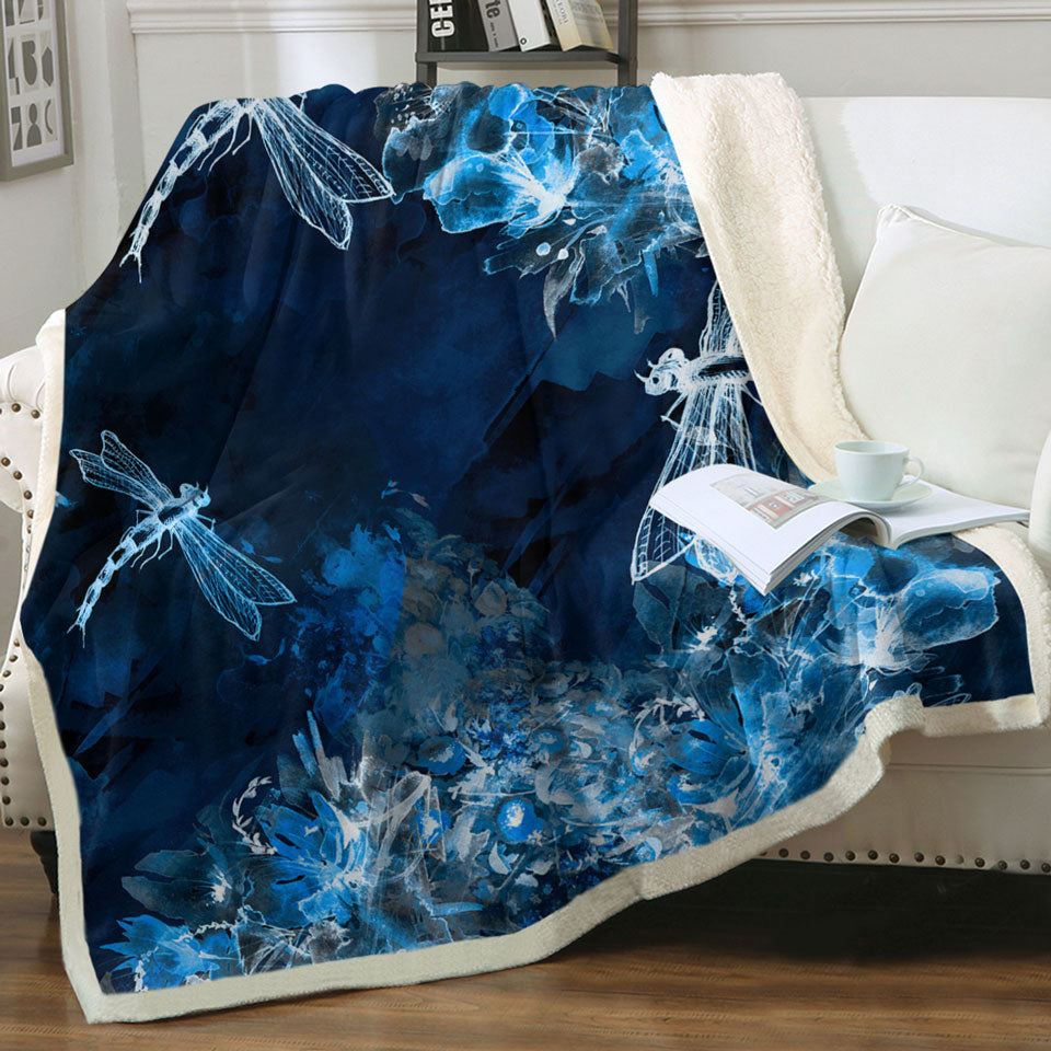 X ray Blue Flowers and Dragonflies Throw Blanket