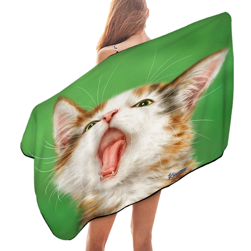 Yawning Cute Kitten Artwork Painted Cats Microfiber Beach Towel