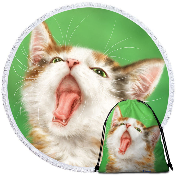 Yawning Cute Kitten Artwork Painted Cats Round Beach Towel