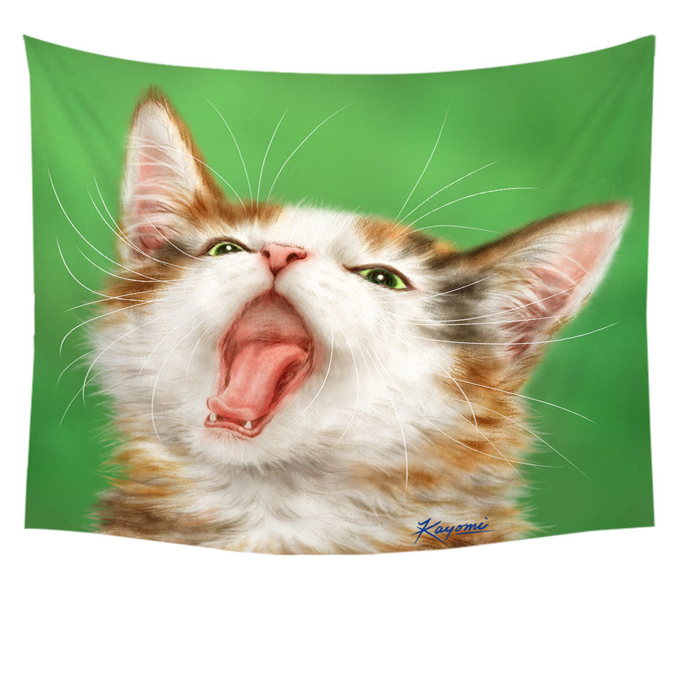Yawning Cute Kitten Artwork Painted Cats Wall Art Tapestry