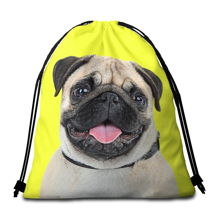 Yellow Background Cute Pug Dog Beach Towel Bags