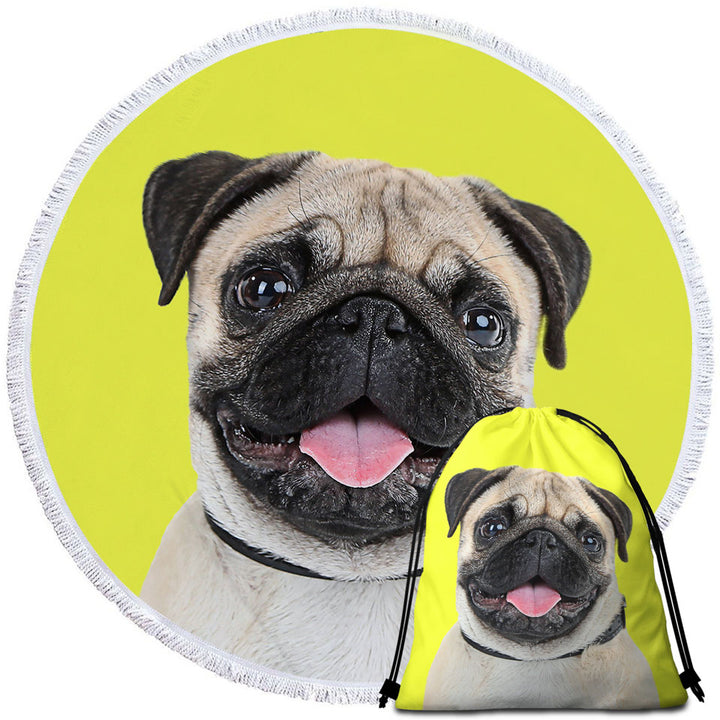 Yellow Background Cute Pug Dog Circle Beach Towel