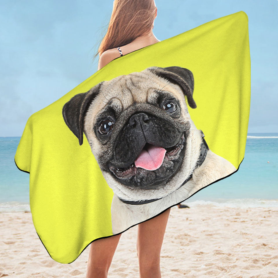 Yellow Background Cute Pug Dog Lightweight Beach Towel