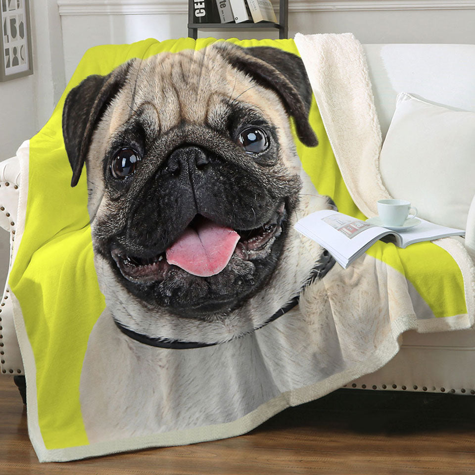 Yellow Background Cute Pug Dog Throw Blanket