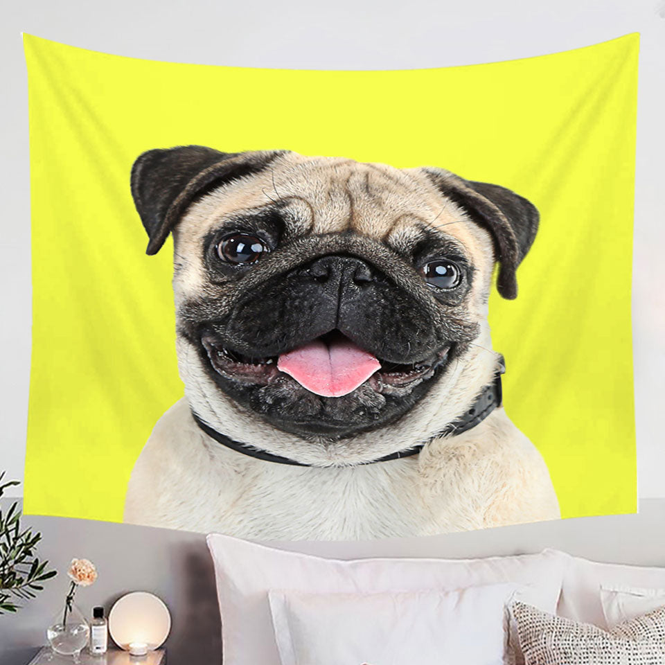 Yellow Background Cute Pug Dog Wall Decor Tapestry