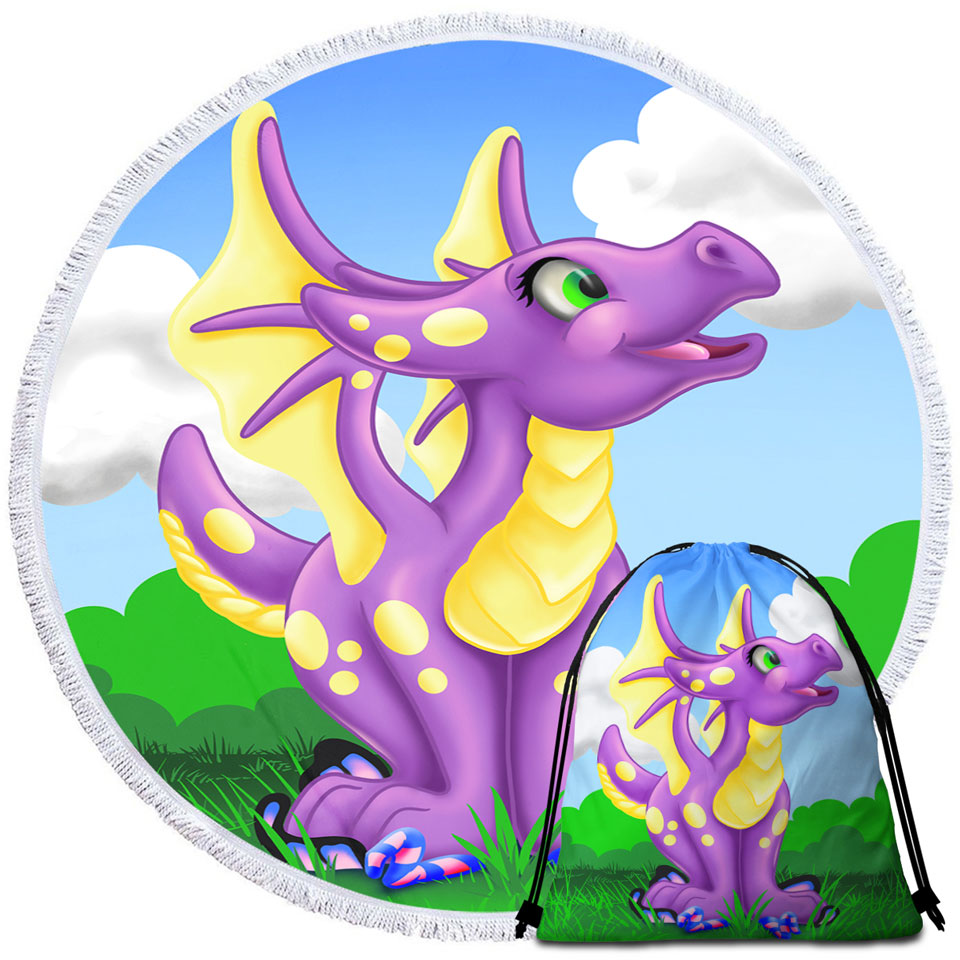 Yellow Purple Sweet Dragon Round Beach Towel for Children