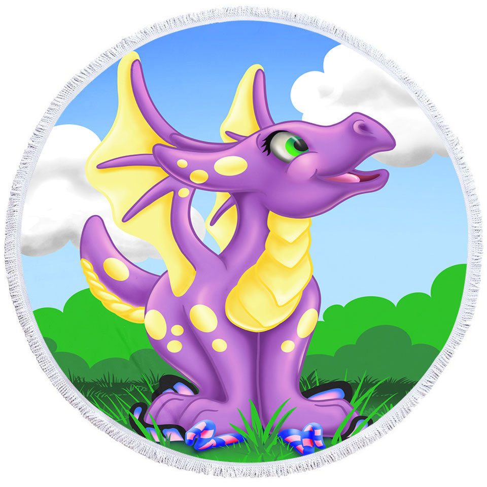 Yellow Purple Sweet Dragon Round Beach Towels for Kids