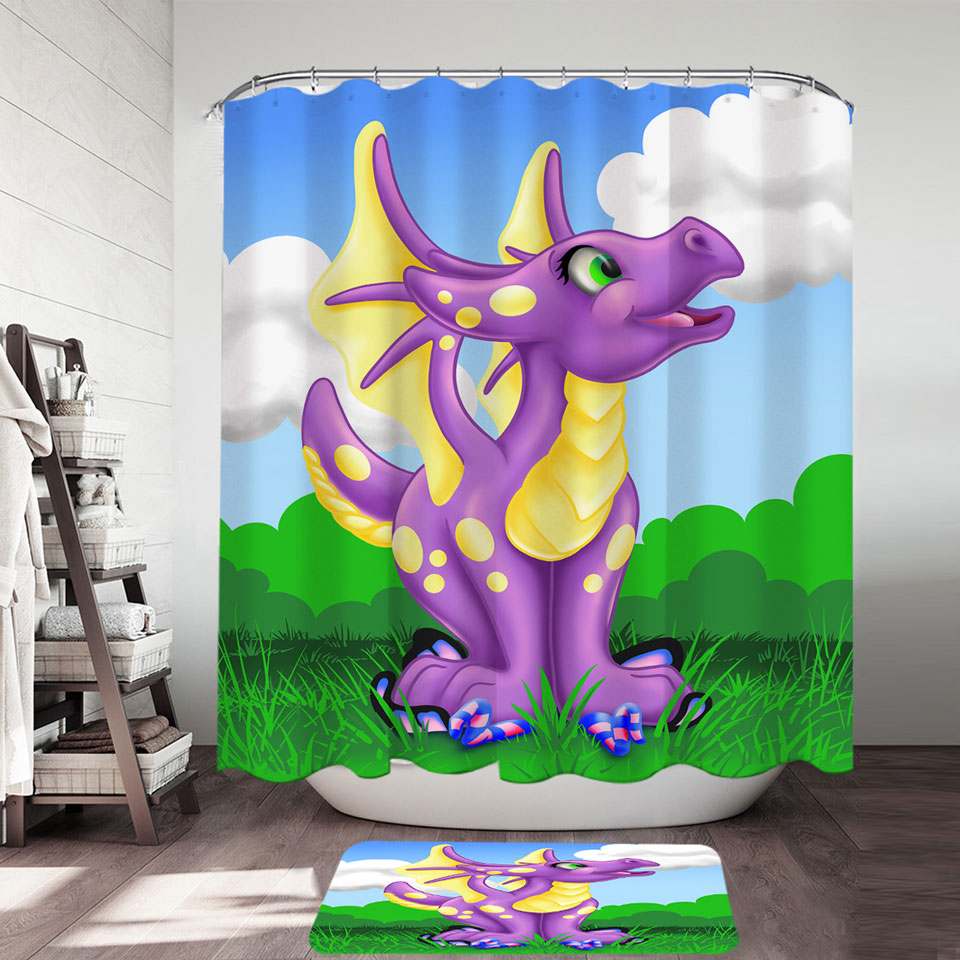 Yellow Purple Sweet Dragon Shower Curtain for Kids Bathroom