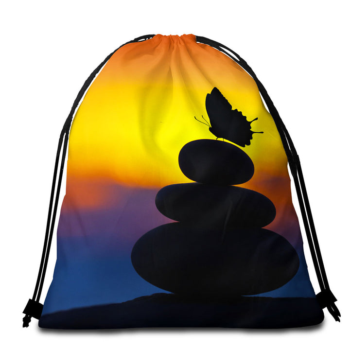 Yoga Beach Bags and Towels with Balancing Stones and Butterfly Silhouette