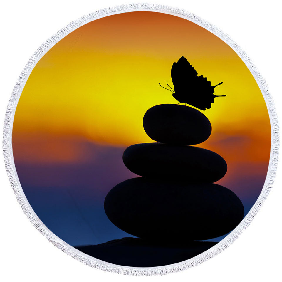 Yoga Circle Beach Towel with Balancing Stones and Butterfly Silhouette