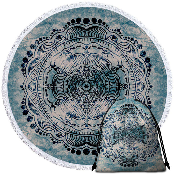 Yoga Circle Towel with Black Royal Mandala on Dark Blue Rock