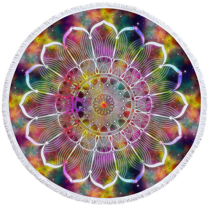 Yoga Circle Towel with White Flower Mandala over Colorful Space