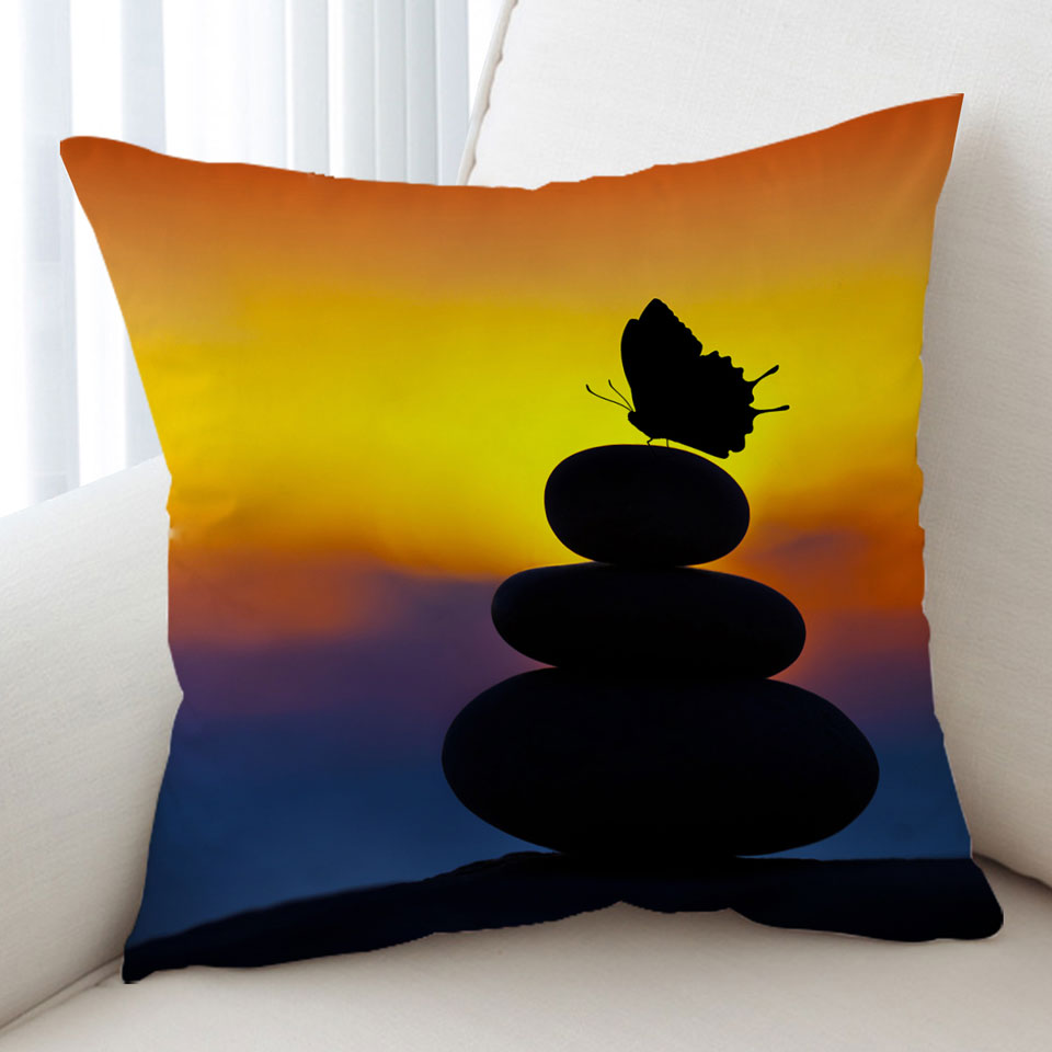 Yoga Cushion Covers with Balancing Stones and Butterfly Silhouette