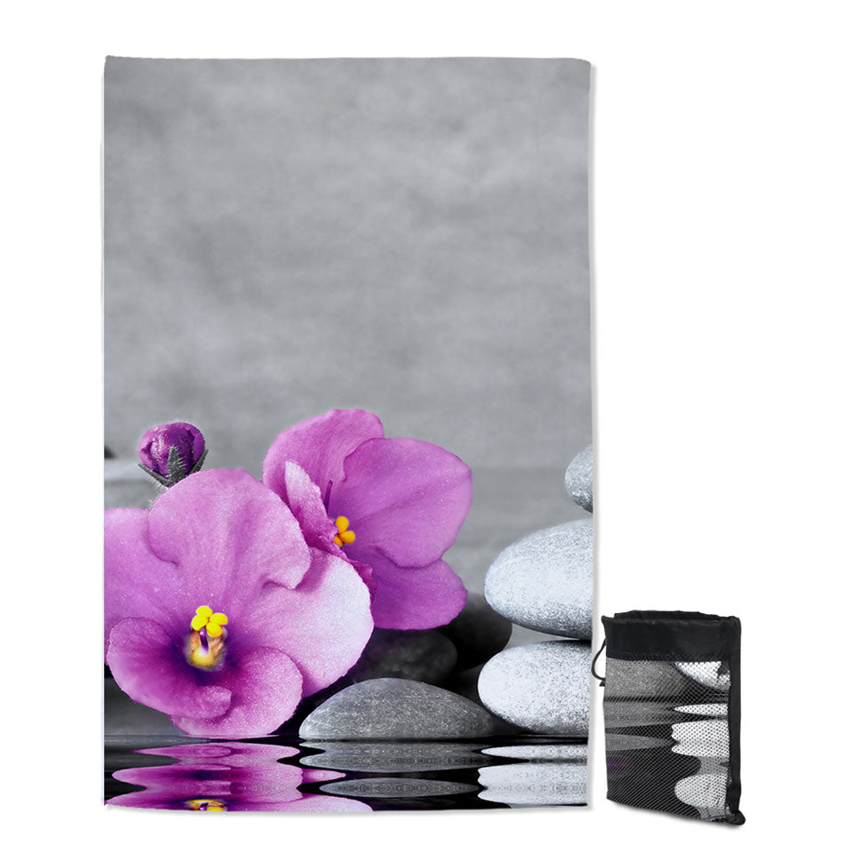 Yoga Lightweight Beach Towel Purple Orchid Flower over Spa Pebbles