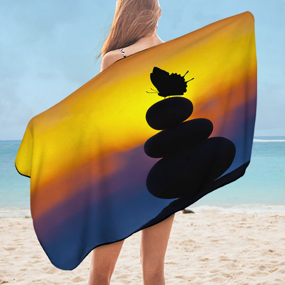 Yoga Lightweight Beach Towel with Balancing Stones and Butterfly Silhouette