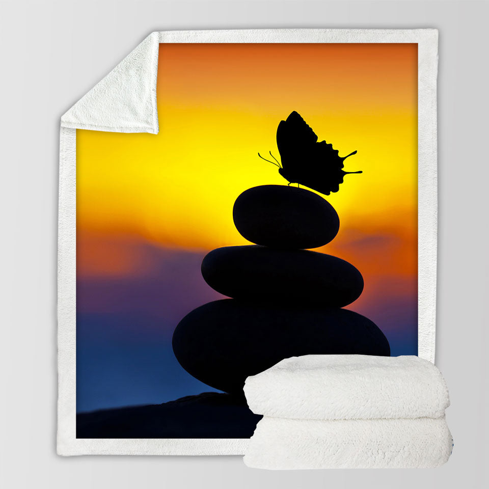 Yoga Lightweight Blankets with Balancing Stones and Butterfly Silhouette