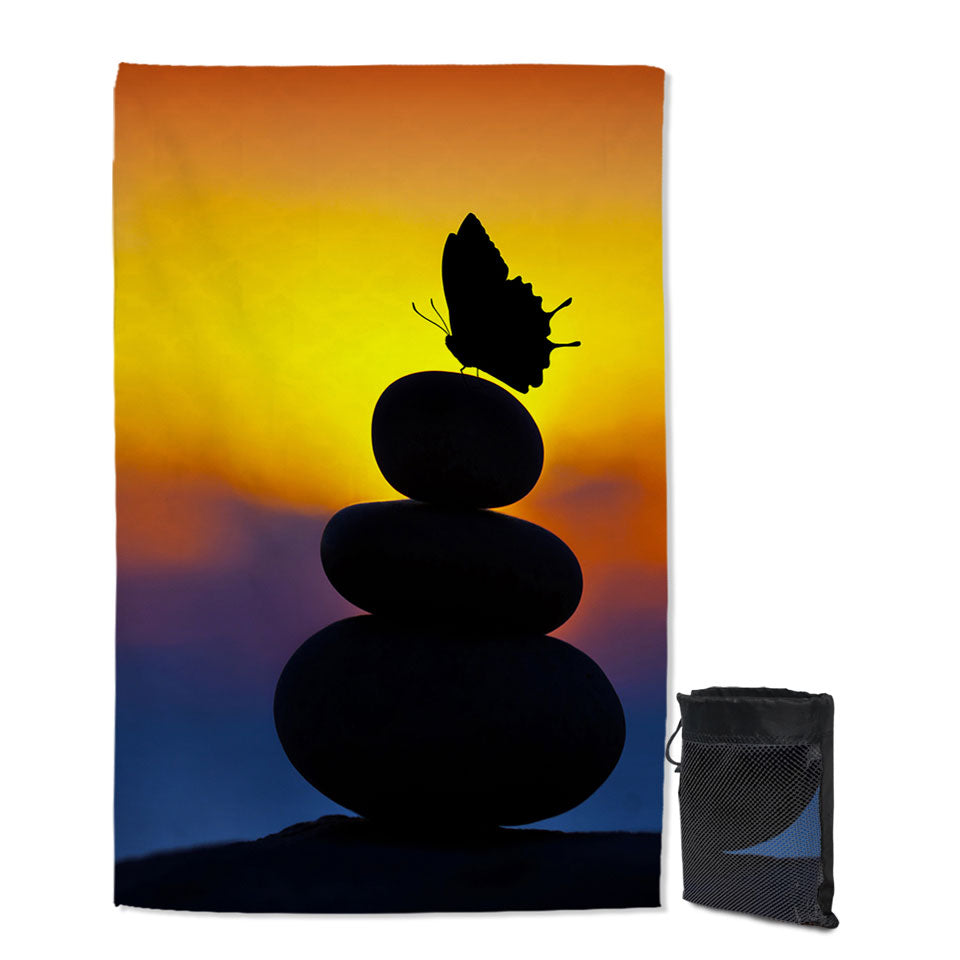 Yoga Quick Dry Beach Towel with Balancing Stones and Butterfly Silhouette