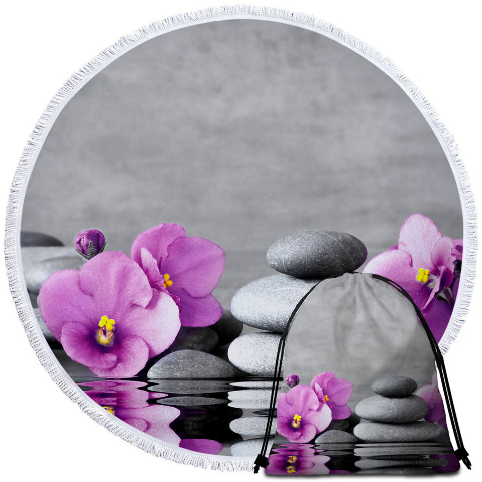 Yoga Round Beach Towel Purple Orchid Flower over Spa Pebbles