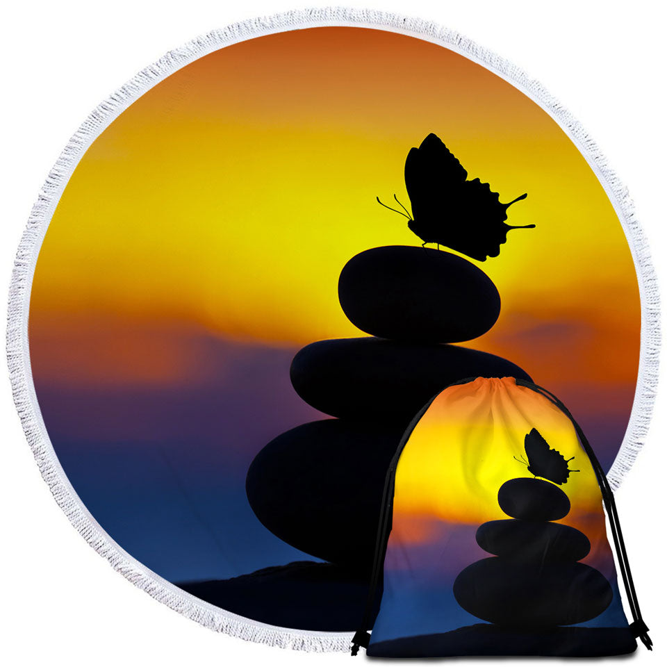 Yoga Round Beach Towel with Balancing Stones and Butterfly Silhouette