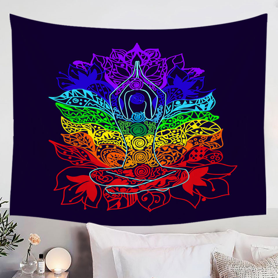 Yoga Wall Decor Tapestry with Spiritual Multi Colored Oriental Flowers