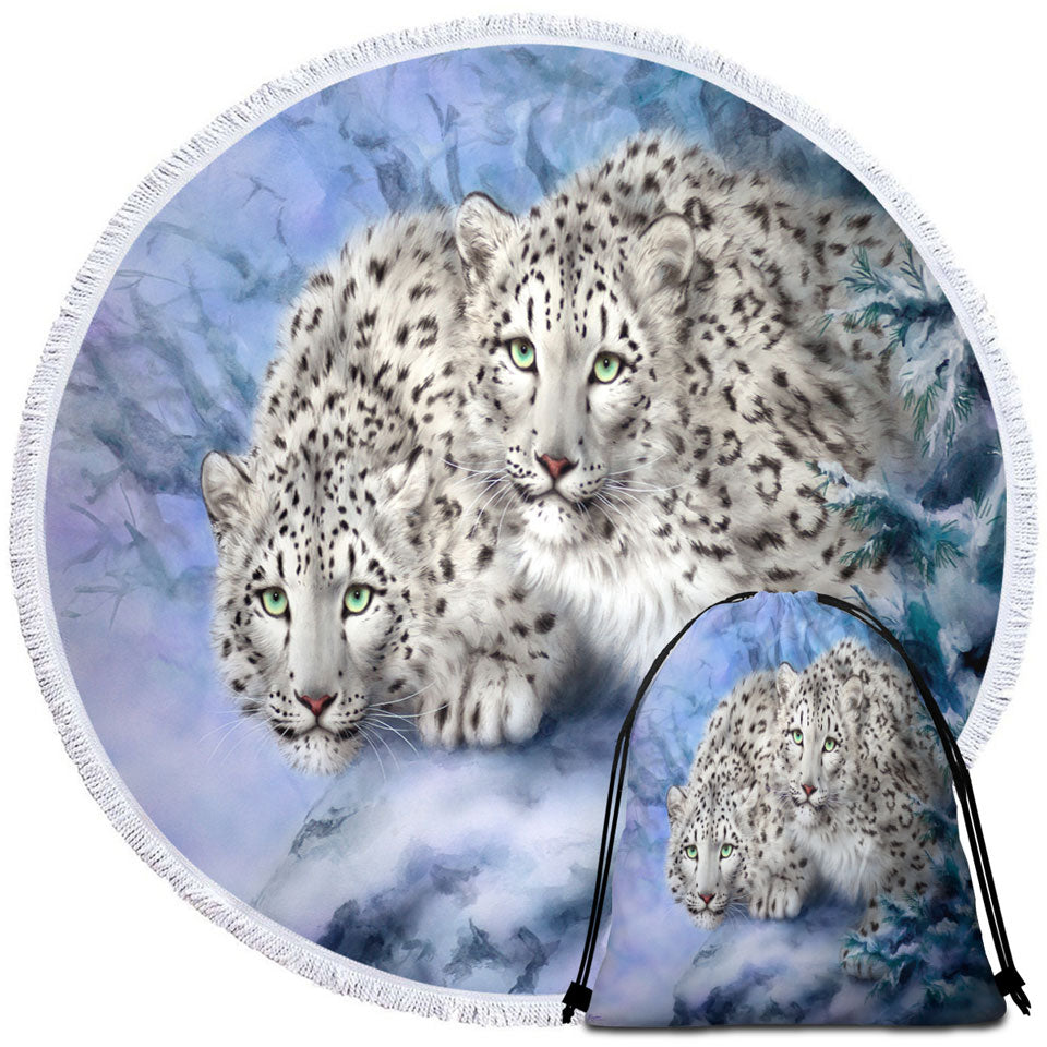 Young Explorers Snow Forest White Leopards Round beach Towel