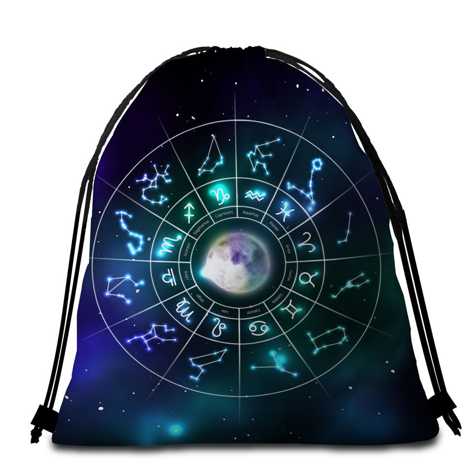 Zodiac Beach Bags and Towels Moon Over Space