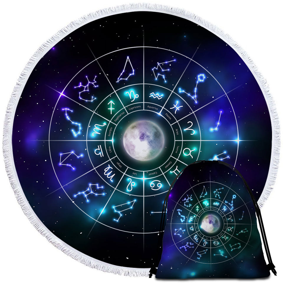 Zodiac Round Beach Towel Moon Over Space