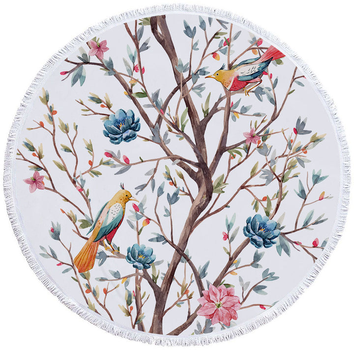 a Flowering Tree and Birds Beach Towels On Sale