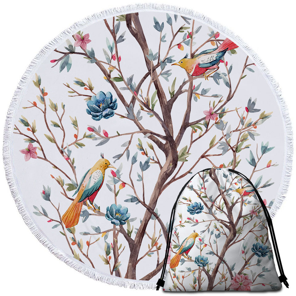 a Flowering Tree and Birds Beach Towels and Bags Set