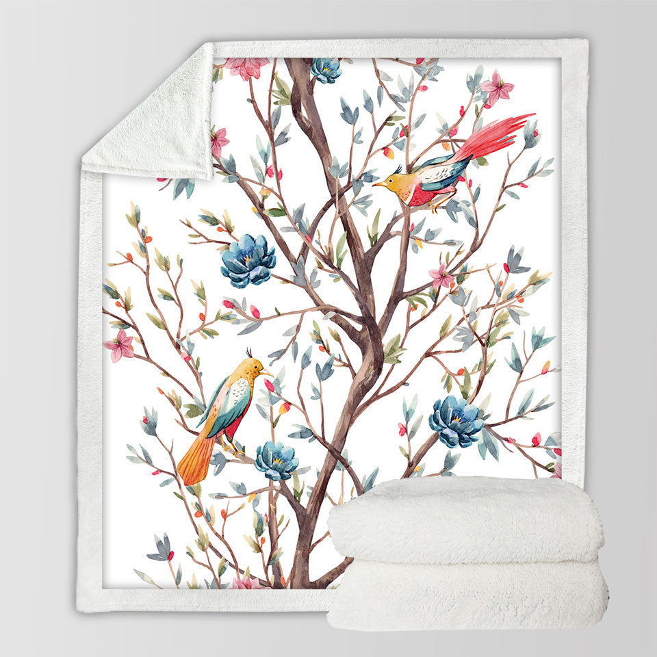 a Flowering Tree and Birds Throw Blanket