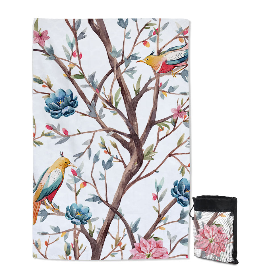 a Flowering Tree and Birds Unique Beach Towels