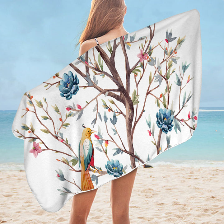 a Flowering Tree and Birds Womens Beach Towel