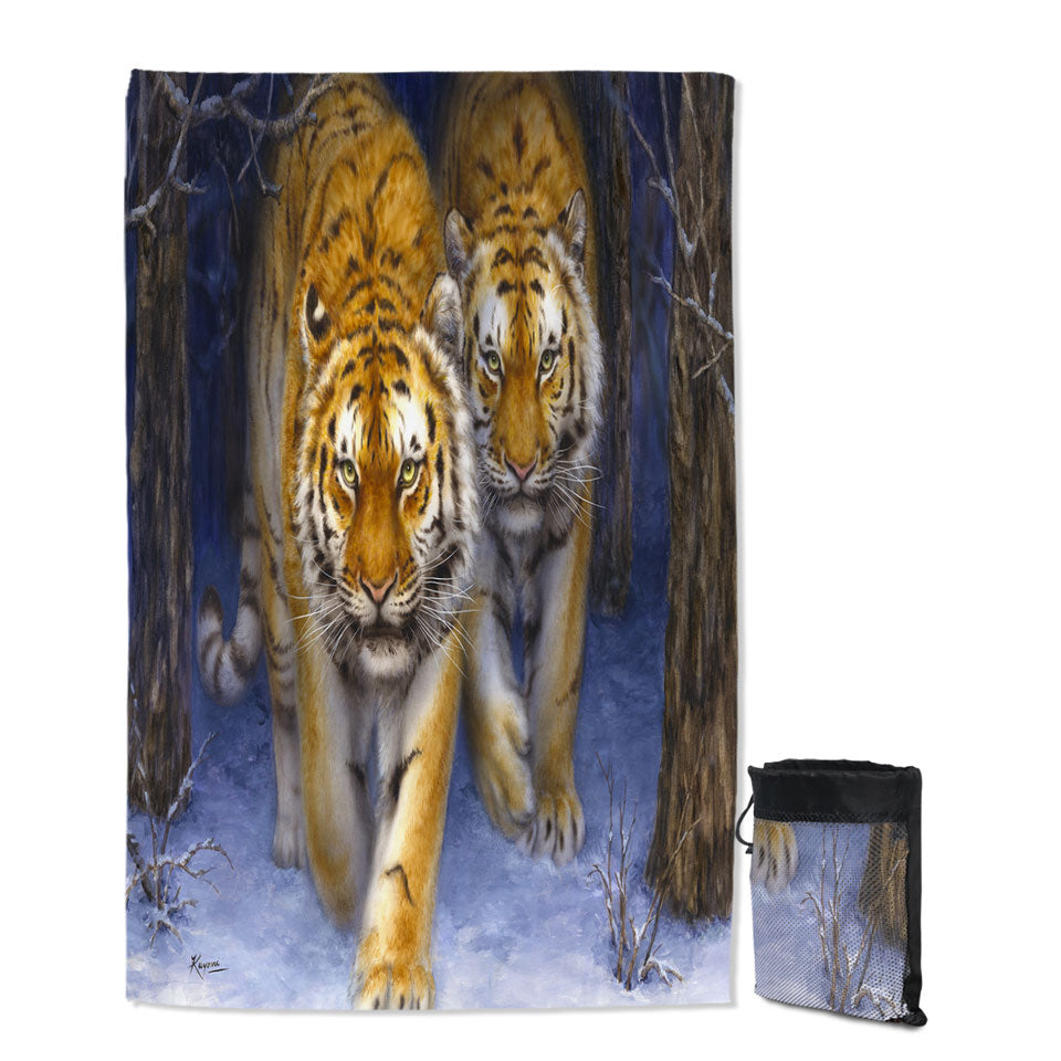 cool Animal Art Two Tigers in the Siberian Forest Quick Dry Beach Towel